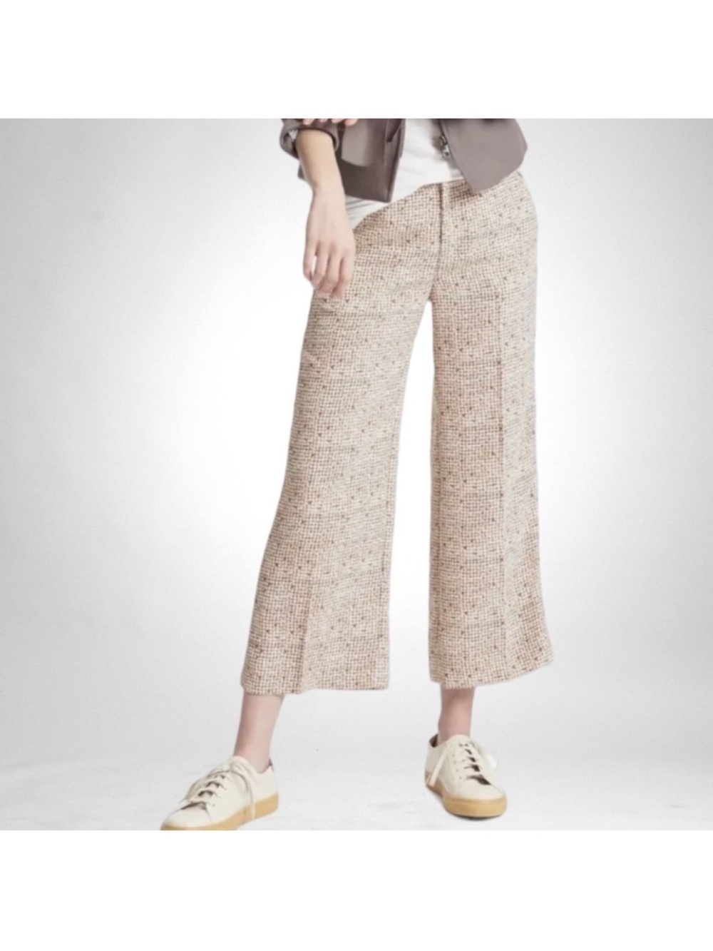 New Banana Republic Blake Cropped Trouser Checked Cream Brown SZ 12
